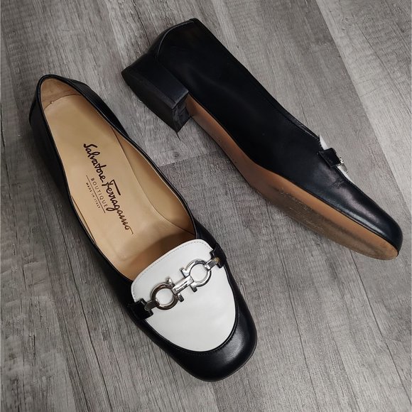 Salvatore Ferragamo Shoes - Salvatore Ferragamo "School" Loafers Leather Navy and White Women 8